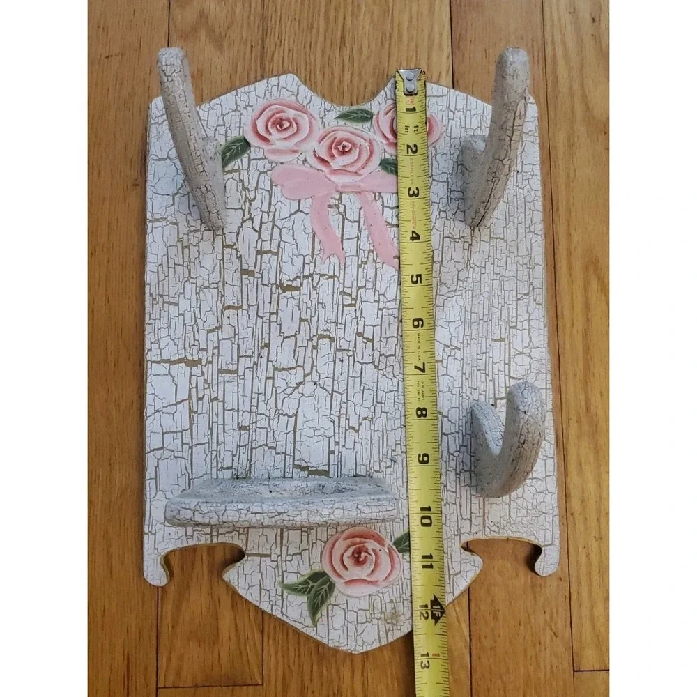 Vintage Shabby Chic Wood Wall Shelf Vanity Organizer Crackle‎ Paint Rose Ribbon